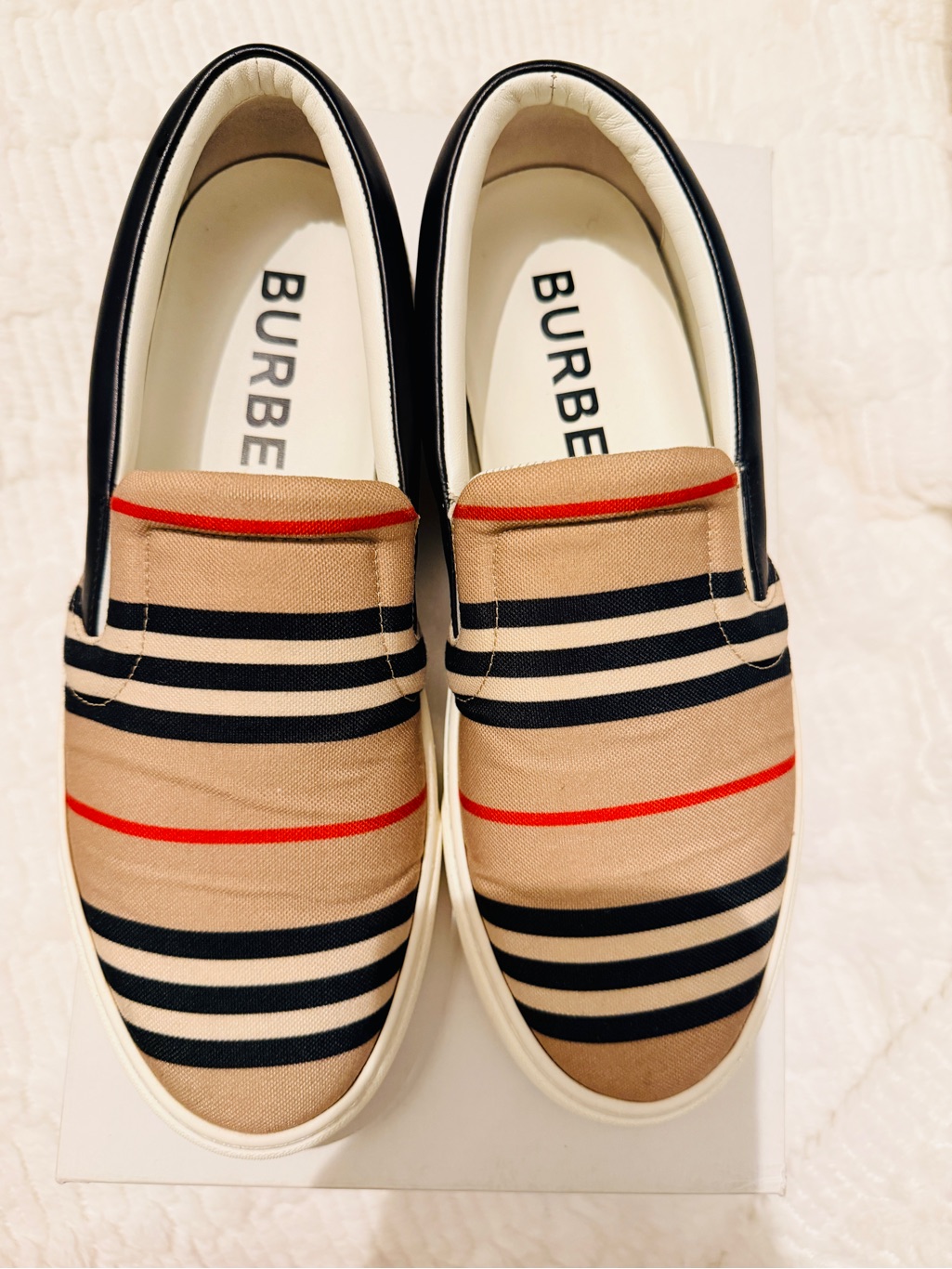 Burberry Beige Canvas Slip-On Loafers With Black & Red Stripes